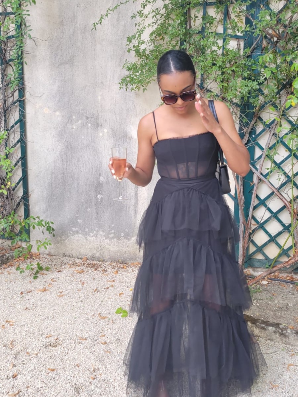 BCBGMaxAzria Black Tiered Tulle Maxi with Spaghetti Straps